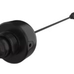 Schwarze Kamera mit rundem Gehäuse und angeschlossenem Kabel mit goldfarbenem Stecker.