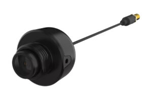 Kleine schwarze Kamera mit rundem Gehäuse und langem Kabel, das in einem goldenen Anschluss endet.