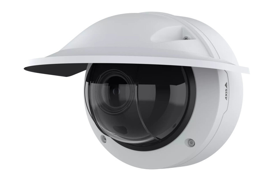Weiße Überwachungskamera mit einer kuppelförmigen Linse und einem kleinen Dach zur Abschirmung.