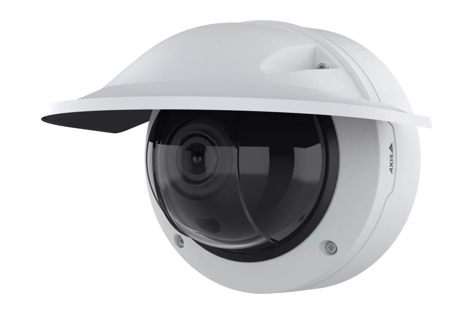 Weiße Überwachungskamera in halbkugelförmigem Gehäuse mit sichtbarer Linse und schützendem Dach.