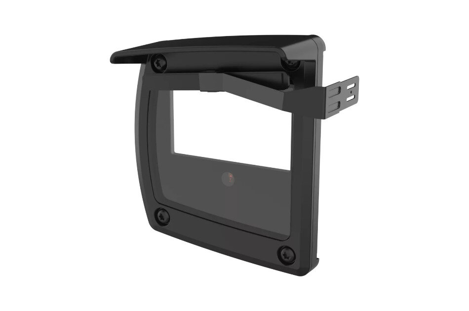 Schwarze, wandmontierte Kabelabdeckung mit transparentem Fenster und stabilen Befestigungselementen.