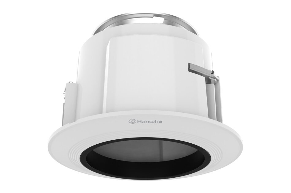 Ein weißer zylindrischer Deckenstrahler mit schwarzem Innenring und dem Logo "Hanwha" auf der Vorderseite.