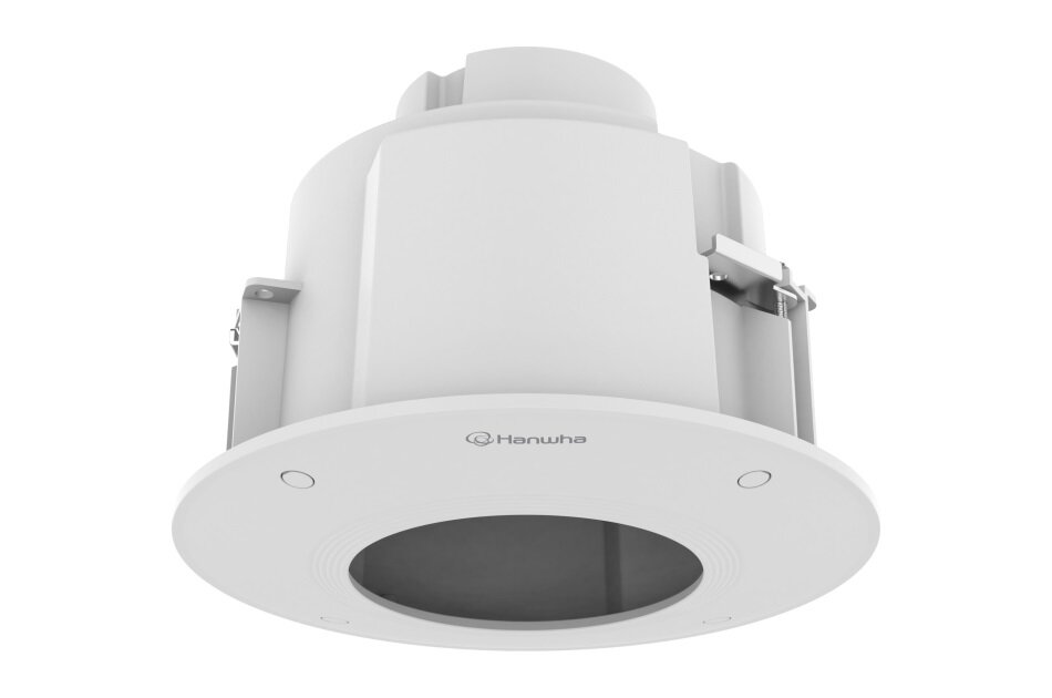 Runde Deckenleuchte mit dem Logo "Hanwha" auf einem weißen Gehäuse.