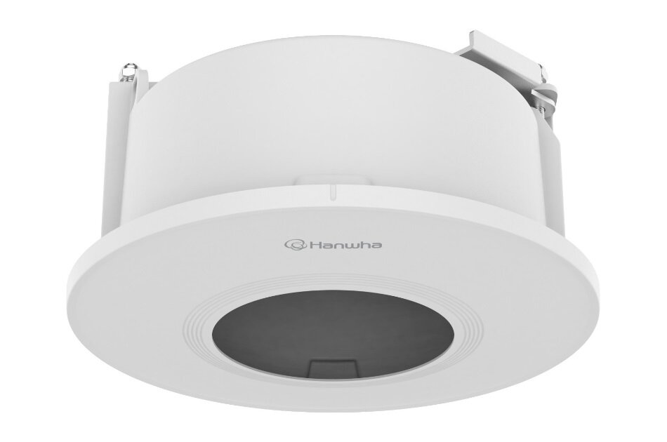 Rundes, weißes Elektronikgerät mit der Aufschrift "Hanwha" auf der Vorderseite.