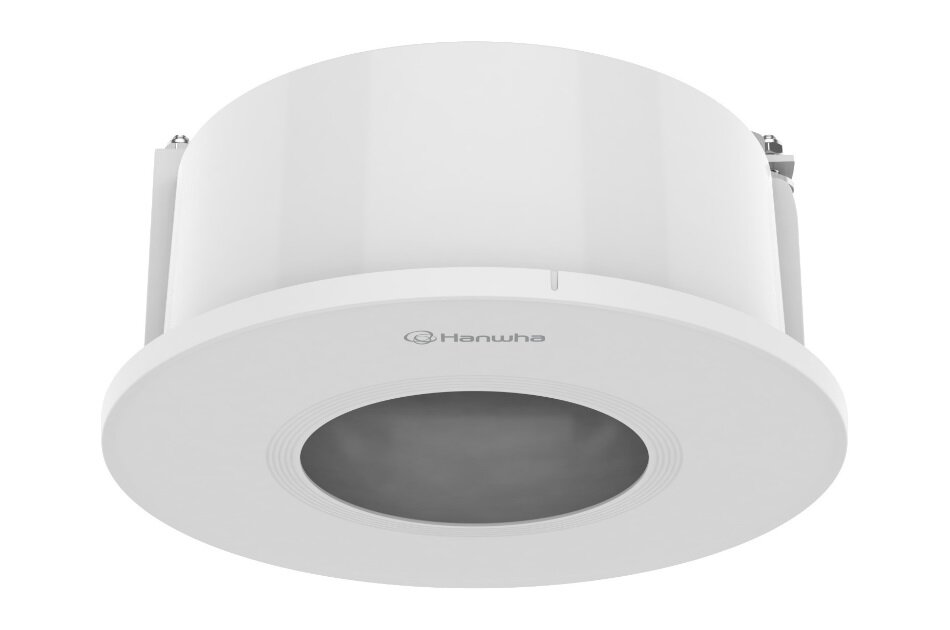 Weißer zylindrischer Lautsprecher mit Hanwha-Logo auf der Vorderseite.