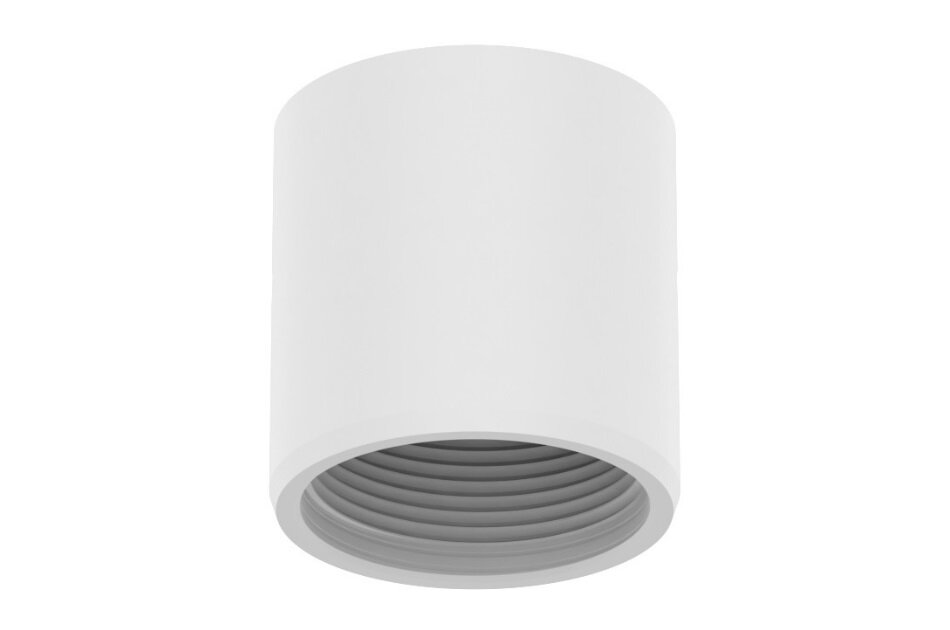 Runde, zylinderförmige weiße Deckenleuchte mit sichtbarem, geriffeltem Innenbereich.