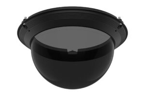 Schwarze Deckenkuppel-Kamera in Halbkugelform mit sichtbaren Befestigungsschrauben.
