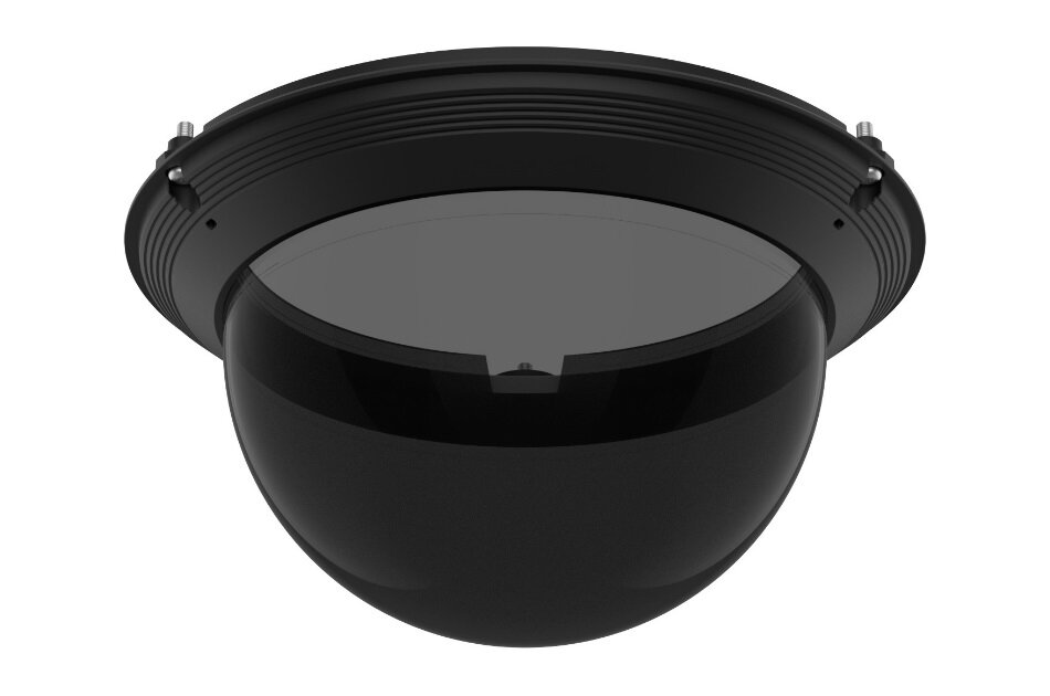 Schwarze Deckenkuppel-Kamera in Halbkugelform mit sichtbaren Befestigungsschrauben.