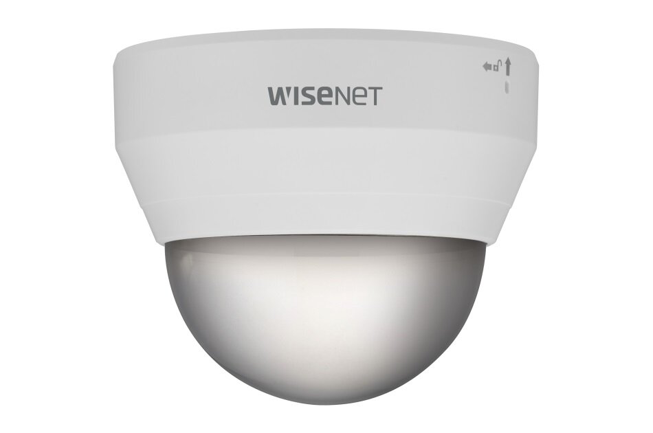 Überwachungskamera von Wisenet mit abgerundetem Gehäuse und Kuppelobjektiv.