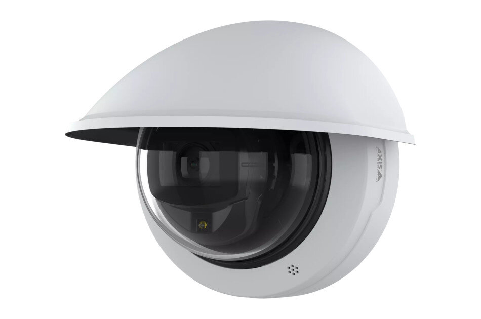 Weiße Überwachungskamera in Halbkugel-Form mit transparentem Abdeckglas.