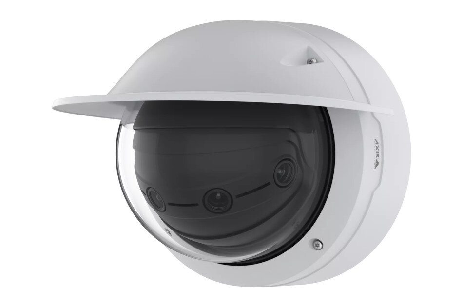 Weiße Überwachungskamera mit halbrunder Kuppel und Wetterschutzdach, an einer Wand montiert.