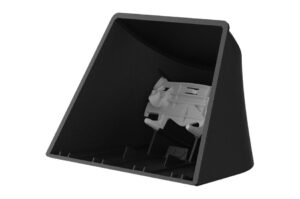 Schwarzes Kunststoffgehäuse mit einer weißen inneren Struktur, möglicherweise Teil eines elektronischen Geräts.