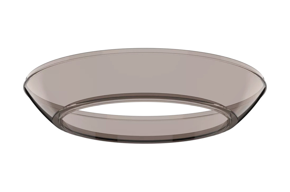 Eine transparente, flache Glasschale mit ovaler Form.