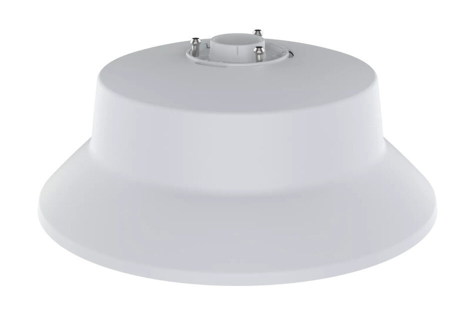 Runder, weißer LED-Aufbau mit GU10-Sockel ohne Glühbirne, auf neutralem Hintergrund.