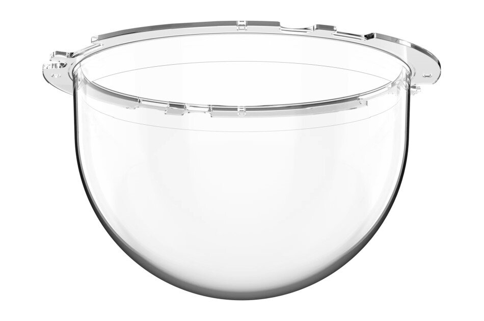 Eine transparente, runde Kunststoffschüssel mit glattem Rand und gleichmäßigem Design.