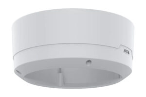 Runder, weißer Montageadapter mit "AXIS"-Logo, für Deckeninstallation geeignet.