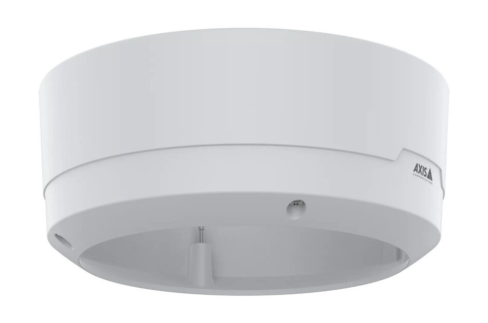 Runder, weißer Montageadapter mit "AXIS"-Logo, für Deckeninstallation geeignet.