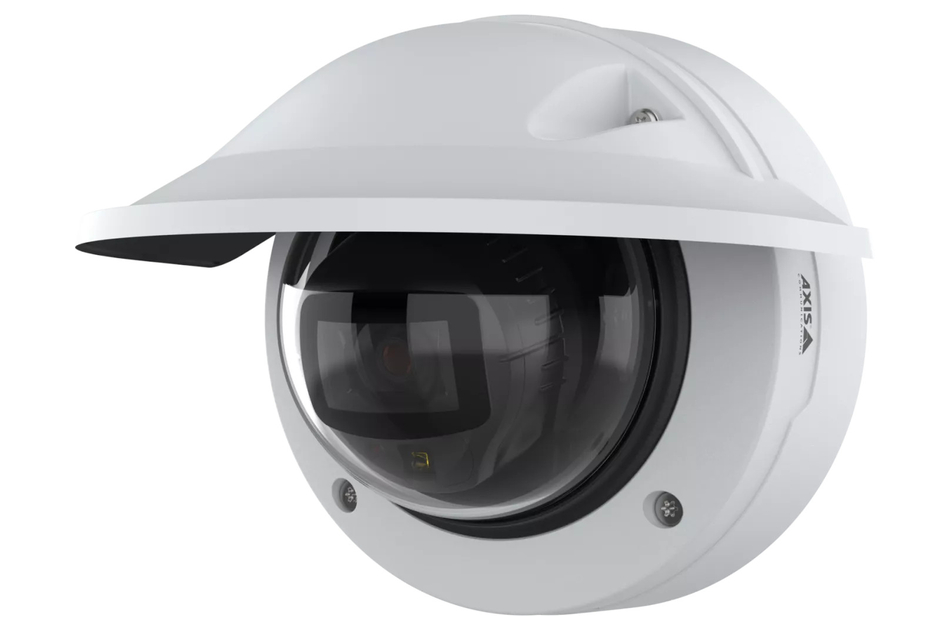 Weiße Überwachungskamera mit Kuppelgehäuse und Sichtschutz, Schrauben an der Front sichtbar.