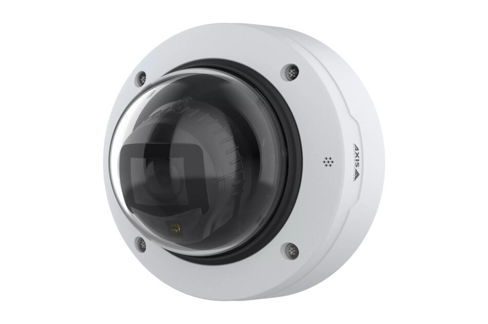 Eine kugelförmige Sicherheitskamera in einem weißen Gehäuse mit schwarzem, transparentem Schutzglas.