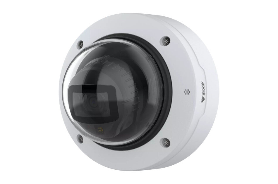 Kuppelförmige Überwachungskamera in einem weißen Gehäuse mit sichtbarem Objektiv und Schrauben.