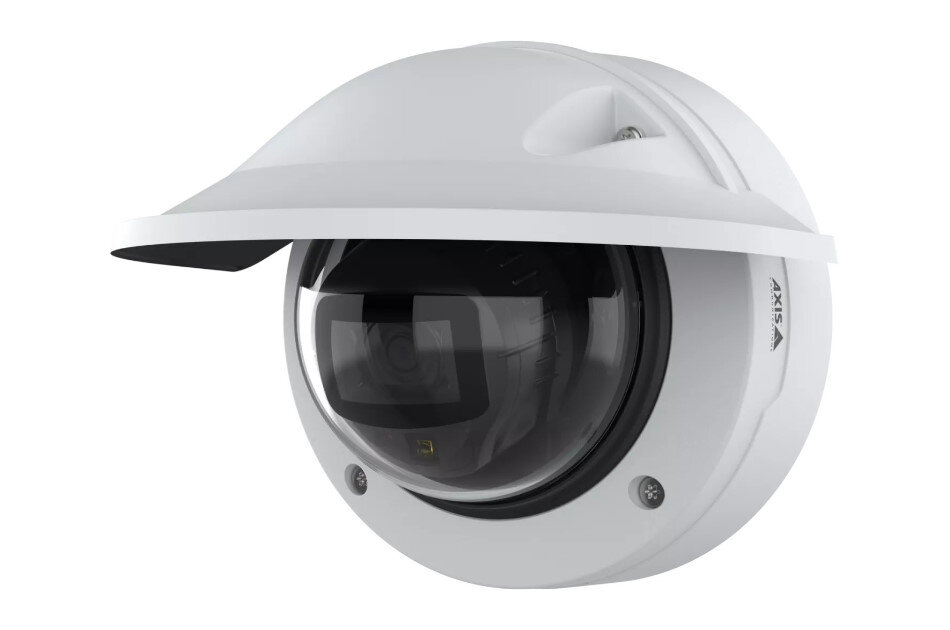 Weiß installierte Dome-Überwachungskamera mit dunkel getöntem Gehäuse an einer Wand.