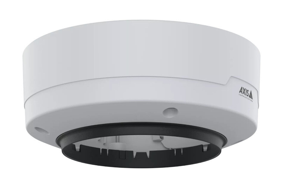 Weiße runde Überwachungskamera mit schwarzem Sockel, Markenlogo auf der Seite.