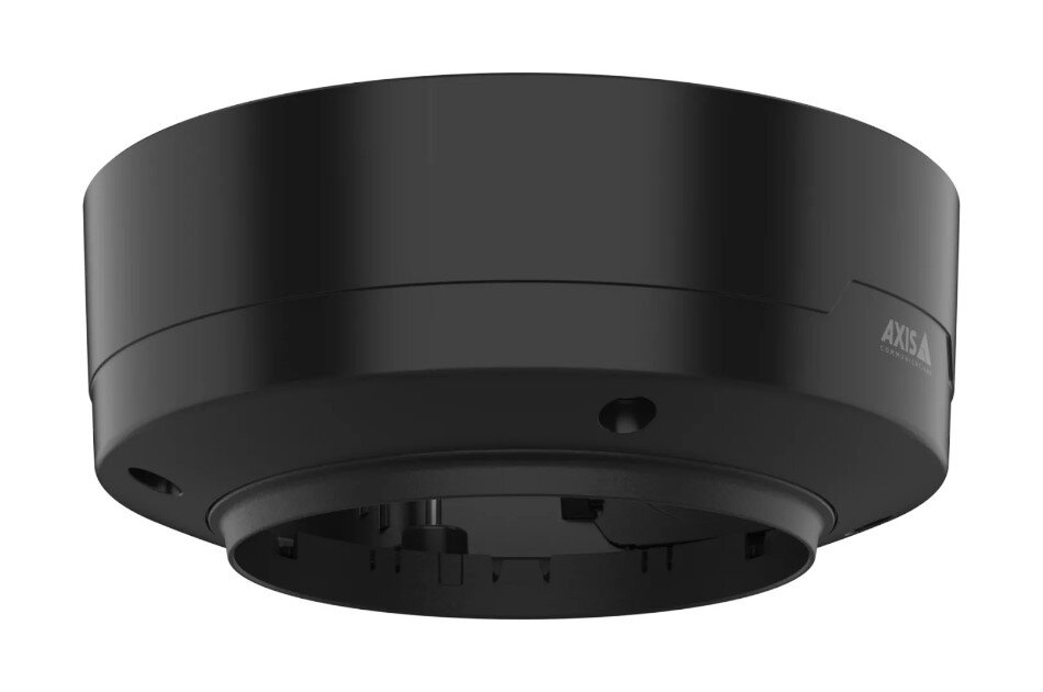 Eine schwarze, zylindrische Deckenhalterung mit mehreren Bohrungen und einem sichtbaren Markennamen.