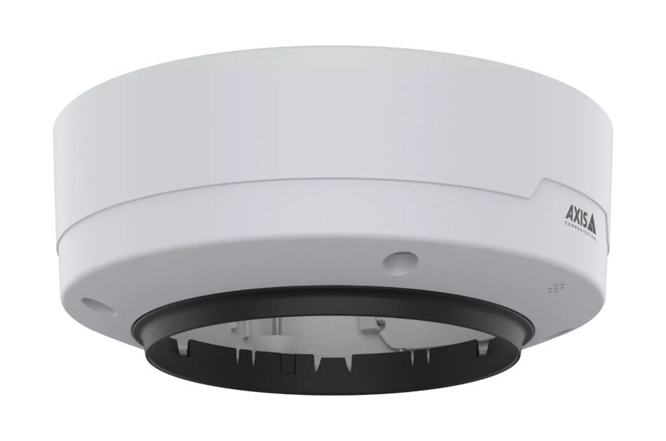 Weiße runde Deckenhalterung mit schwarzem Innenring, markiert mit "AXIS."