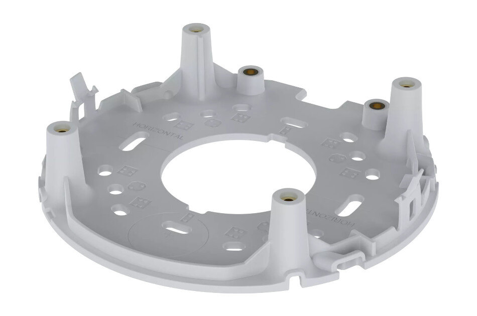 Ein grauer, runder Kunststoffadapter mit mehreren erhöhten Stiften und der Aufschrift "HORIZONTAL".