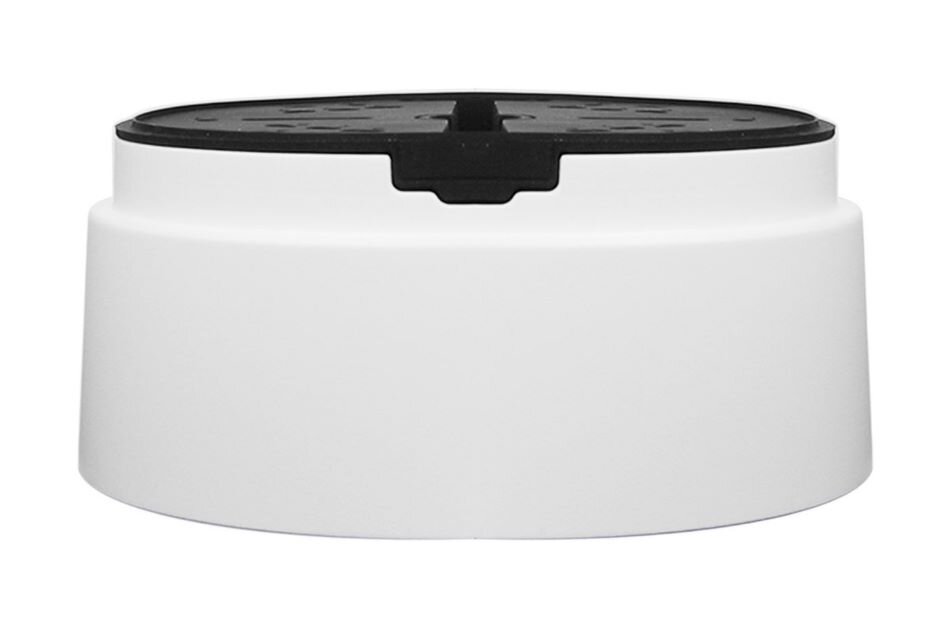 Ein weißer, runder Behälter mit schwarzem perforierten Deckel.