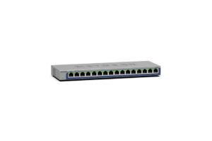 Netgear Netzwerk-Switch mit 16 Ethernet-Ports und grauem Gehäuse.