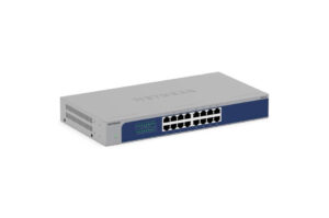 Netzwerkswitch von Netgear mit 16 Ethernet-Anschlüssen und blauer Frontabdeckung.