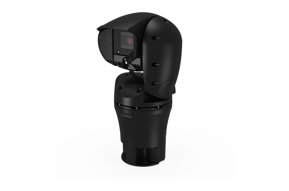 Schwarze Überwachungskamera mit schwenkbarem Gehäuse, montiert auf einer Basis.