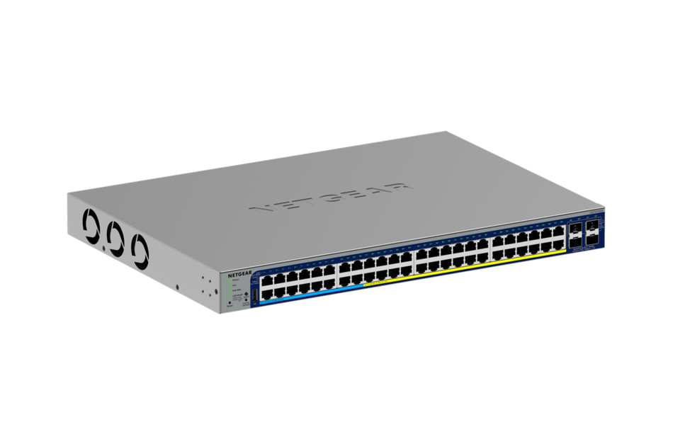 Netgear Netzwerk-Switch mit mehreren Ethernet-Anschlüssen auf der Vorderseite, silbernes Gehäuse.