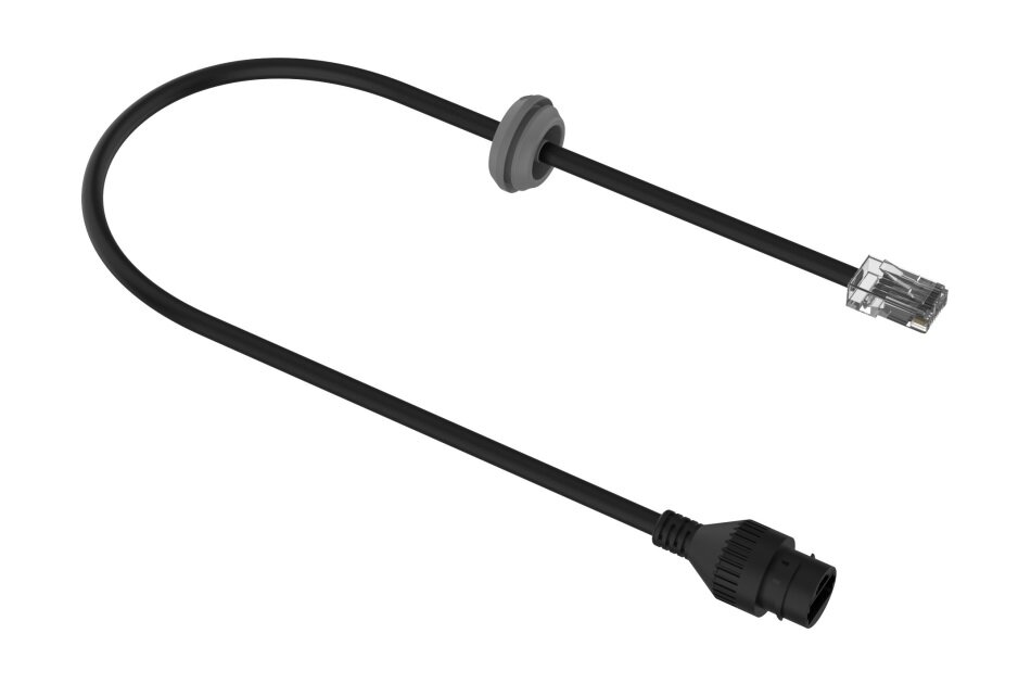 Schwarzes Kabel mit einem RJ45-Stecker an einem Ende und einem runden Anschluss am anderen.
