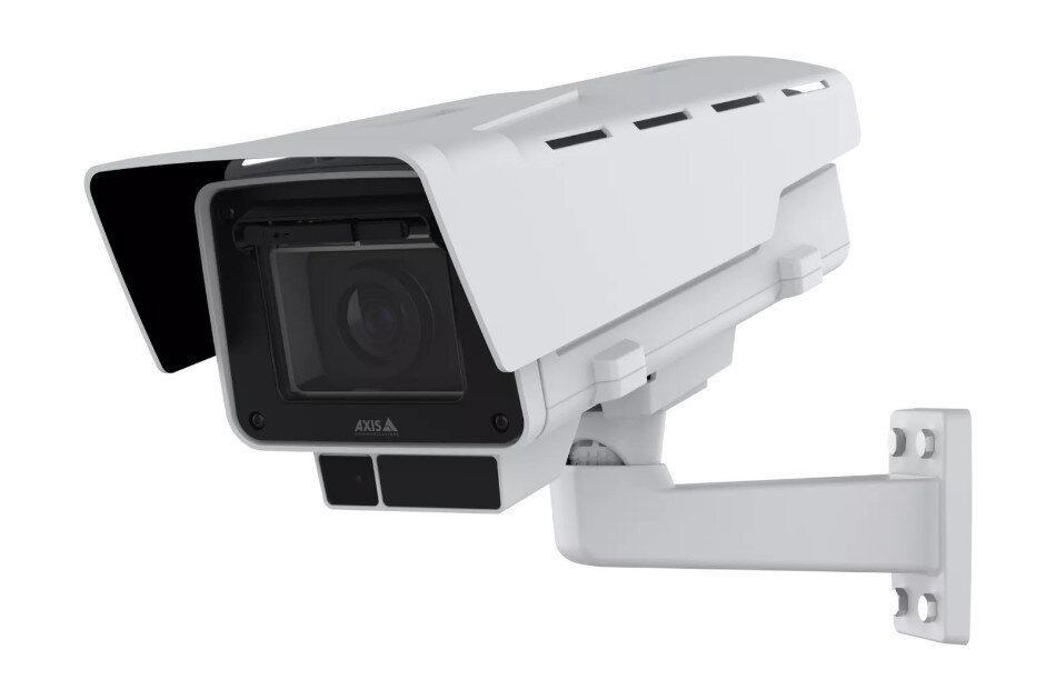 Weiße Überwachungskamera mit Wandhalterung in modernem Design.