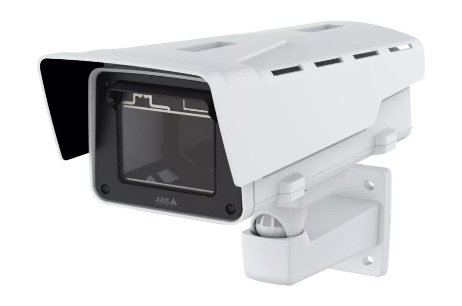 Weiße Überwachungskamera mit rechteckigem Gehäuse und montierter Halterung.