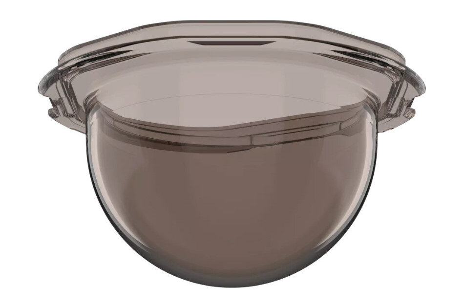 Ein transparenter, halbkugelförmiger Kunststoffdeckel mit einem schmalen Rand.