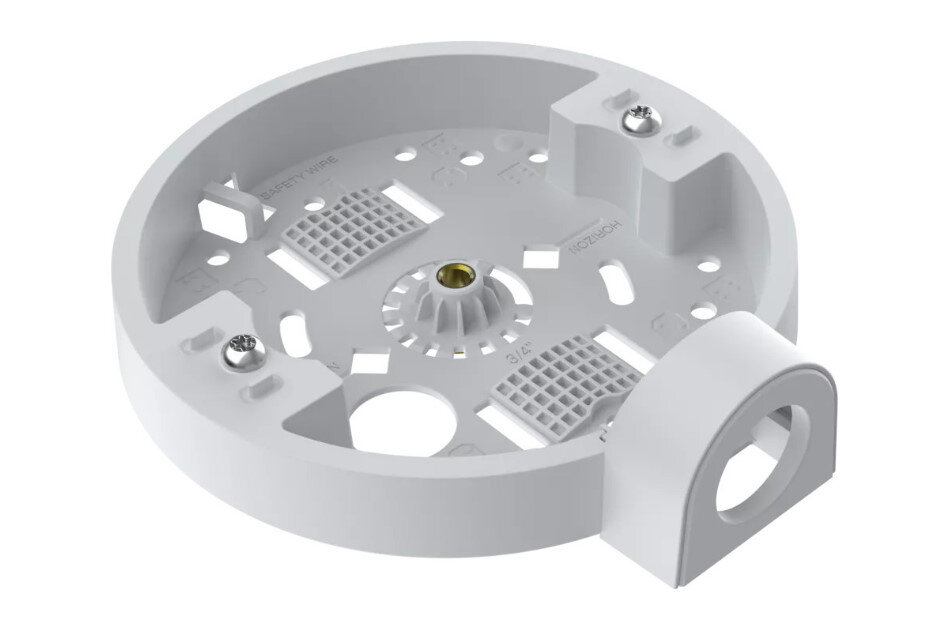 Runde, weiße Halterung mit Löchern und Schrauben zur Wandmontage.