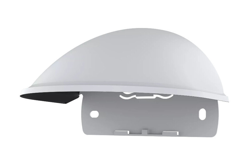 Halbrundes, weißes Plastikteil mit zwei Löchern und einem kleinen Haken an der Unterseite.