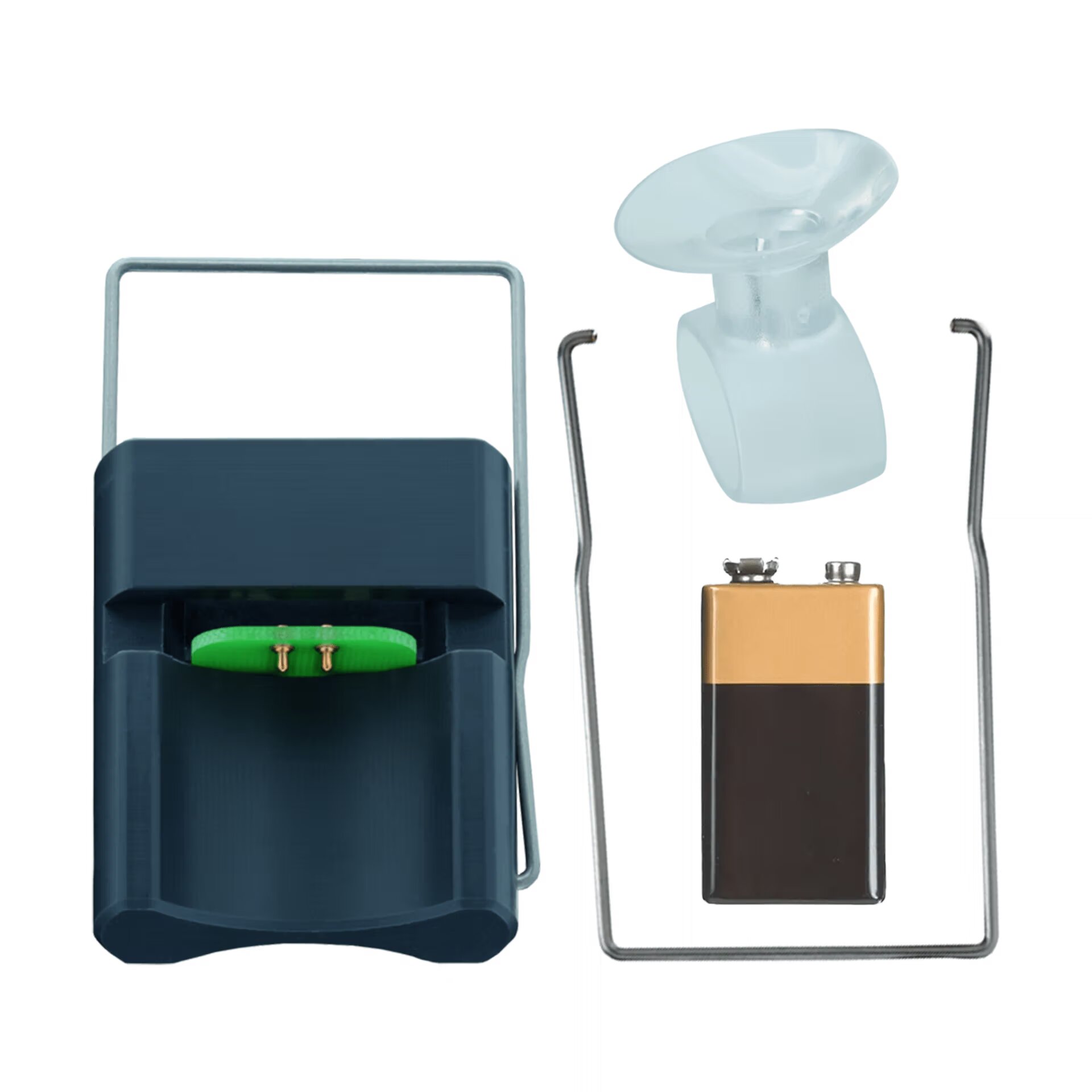 Ein elektronisches Gerät mit einer grünen Taste, Batteriefach, Metallhalterungen und einem durchsichtigen Teil rechts.