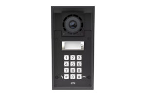 Schwarze Gegensprechanlage mit Kamera und numerischem Tastenfeld in schlichtem Design.