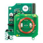Elektronische Leiterplatte mit einer Kupferspule in der Mitte und verschiedenen elektronischen Komponenten.