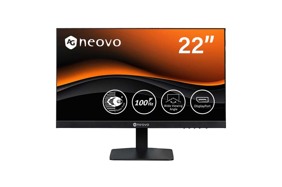Monitor von AG Neovo mit 22-Zoll-Bildschirm, zeigt Symbole für 100Hz, großen Betrachtungswinkel und DisplayPort.