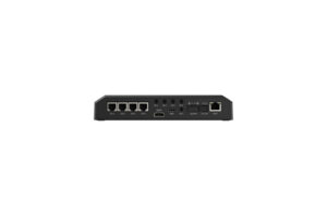Schwarze Netzwerkhardware mit Ethernet-Ports und verschiedenen Anschlüssen auf der Rückseite.