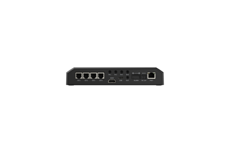 Schwarze Netzwerkhardware mit Ethernet-Ports und verschiedenen Anschlüssen auf der Rückseite.