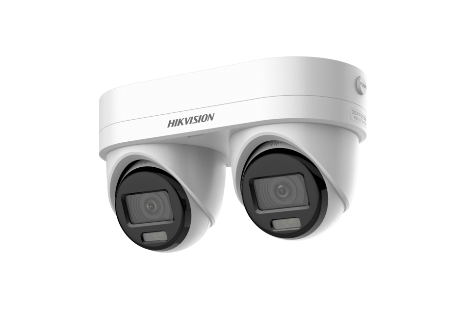 Weiße Sicherheitskamera mit zwei Linsen und Hikvision-Logo auf der Oberseite.