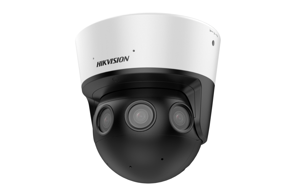 Eine schwarz-weiße Überwachungskamera mit mehreren Linsen der Marke Hikvision.