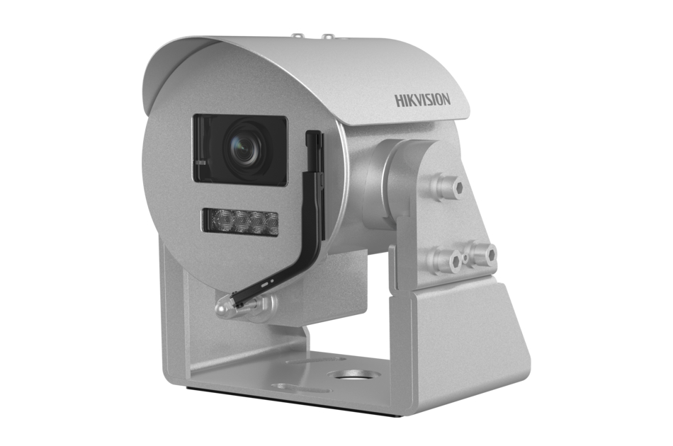 Silberne Überwachungskamera von Hikvision mit rechteckigem Gehäuse und Sichtfenster.