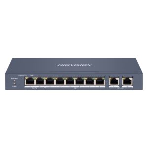 Ein Netzwerk-Switch von Hikvision mit acht Ethernet-Ports und zwei zusätzlichen Ports, erkennbar durch Markierungen.